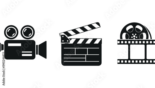 A film camera and movie clapper board icon set in black silhouette