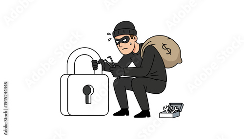 Thief trying to pick a large silver lock with a crowbar