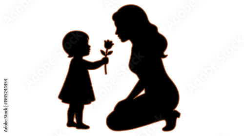 Heartwarming silhouette of a small child presenting a flower to their adoring mother, celebrating the pure bond of family and unconditional love