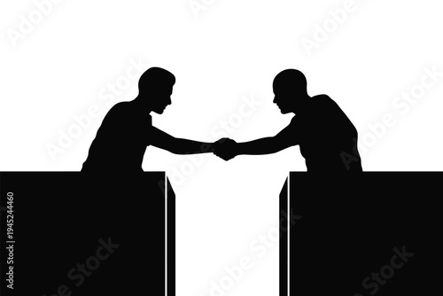 Two figures in silhouette reach across a gap to shake hands