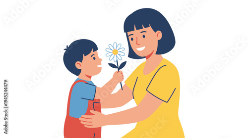 Heartwarming illustration of a young son giving a delightful daisy to his loving mother, symbolizing gratitude, affection, and precious family moments