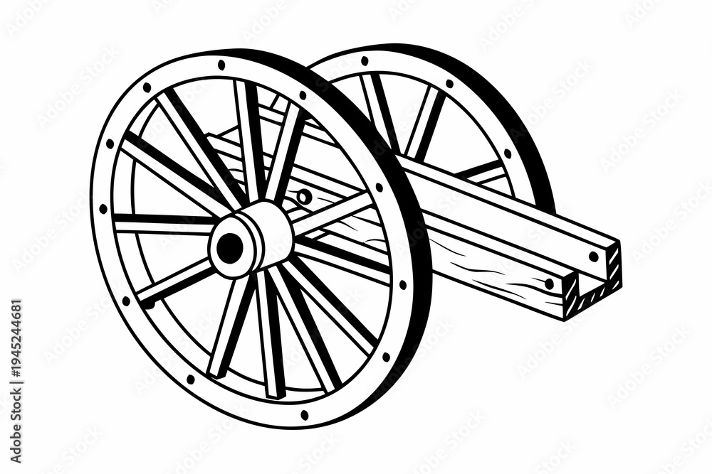 Fototapeta premium A black and white illustration of a wooden cart wheel with axle