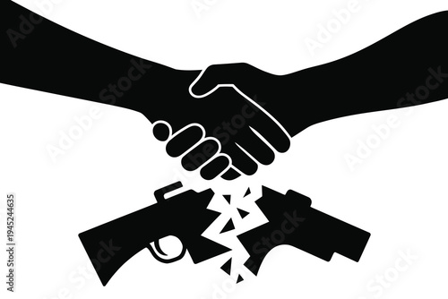 A symbolic handshake breaking a gun in half illustrating peace