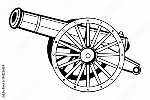A black and white illustration of a historic cannon with a large wheel
