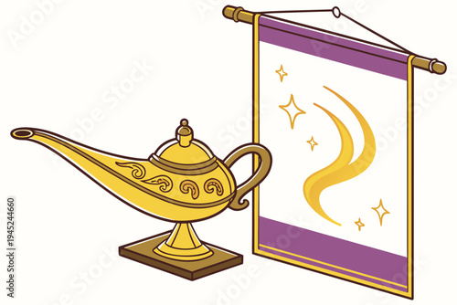 A magical lamp and scroll illustration with a purple and gold design