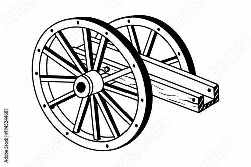 A black and white illustration of a wooden cart wheel with axle
