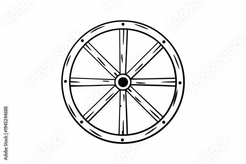 A minimalist illustration of a wagon wheel in a simple black line art style