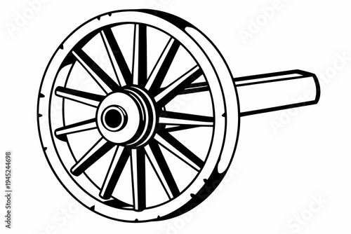 A black and white illustration of a wagon wheel with a cylindrical axle.