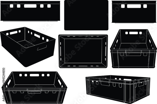 Vector illustration of multiple black silhouette plastic storage crates and bins with ventilation holes and handles, symbolizing packaging, logistics, industrial design, and container organization