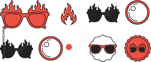 Flaming Sunglasses Icon Set with Fire Flame Elements, Hot Summer Party Symbols, Burning Glasses Logos and Heat Themed Vector Illustration Collection