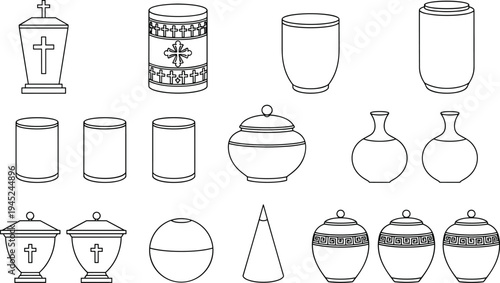 Vector illustration of multiple decorative urns and ceremonial containers with diverse shapes, patterns, and religious symbols, representing funerary design, cultural artwork, memorial 