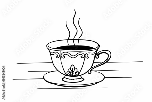 A minimalist line art illustration of a steaming cup of coffee on a saucer