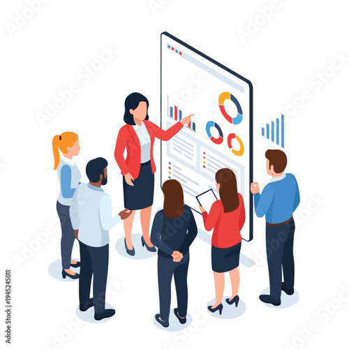 Business Team Analyzing Financial Data on Digital Dashboard Vector Illustration