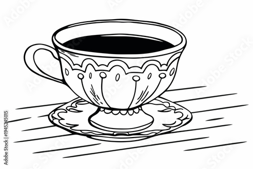 A black and white illustration of a teacup on a saucer with a decorative design