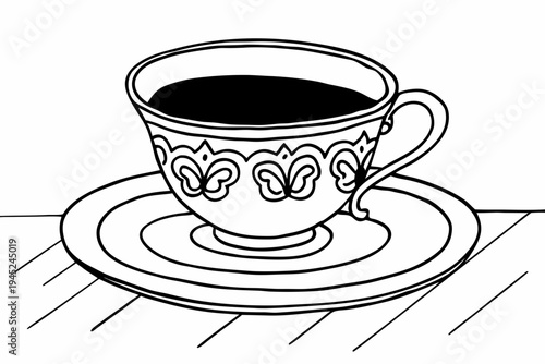 A black and white line drawing of a teacup and saucer on a table