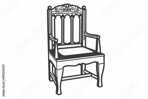 A black and white line drawing of an ornate wooden chair with armrests