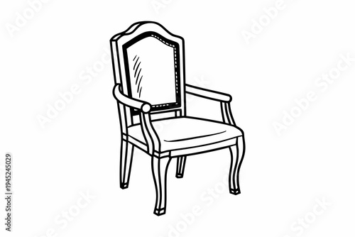 A simple line drawing of a classic armchair with a high backrest