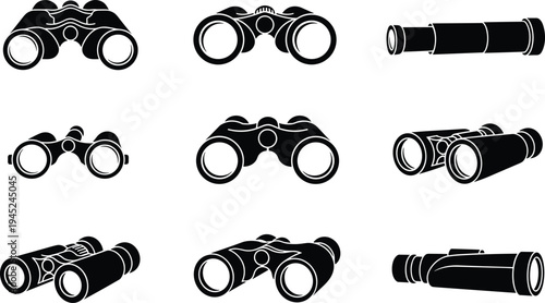 Vector illustration of nine black silhouette optical instruments including binoculars and telescopes, symbolizing birdwatching, stargazing, surveillance, outdoor exploration, and 