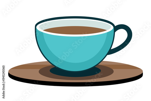A vector graphic illustration of a teal coffee cup on a brown saucer