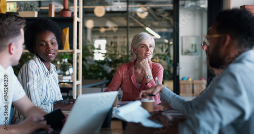 Canvas Print Business, team or woman with discussion in meeting for topic revision, writing advice or feedback