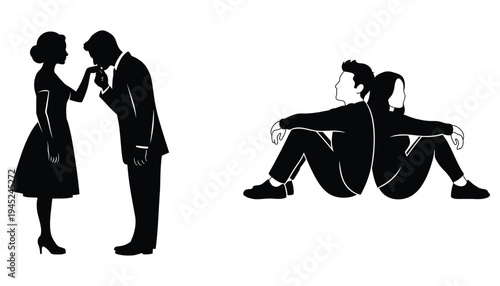 Couple love silhouette vector illustration with romantic poses and tender moments