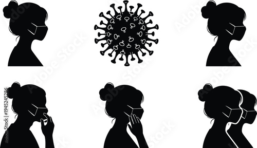 Vector illustration of six black silhouette icons showing masked individuals and virus symbol, representing public health, mask usage, safety behavior, and COVID-19 prevention design