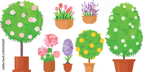 Vector illustration of seven decorative potted plants and flowers including tulips, lavender, daisies, hyacinths, and hydrangeas, symbolizing gardening, botanical artwork, home 