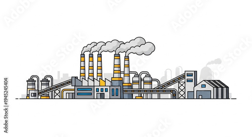 Industrial Factory with Smoke Emitting from Chimneys.