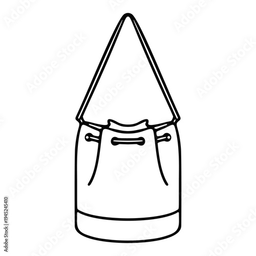 Black and white outline vector icon of a cinched drawstring bucket bag isolated on transparent background