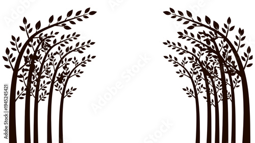 Dark brown tree silhouettes forming a forest archway and natural border with central copy space for woodland background designs.