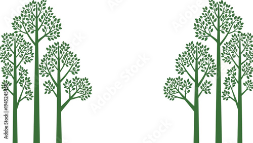 Natural tree frame vector background featuring lush green forest silhouettes with open white copy space for eco friendly designs.