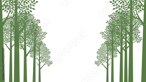 Dense green trees vector illustration forming a framing border with leaves and branches for outdoor nature backdrop designs.