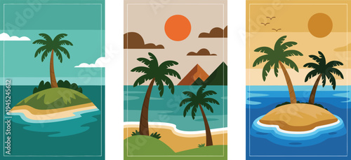 Beach landscape illustration poster with two dark green palm trees mountains orange sun and beige sky travel poster
