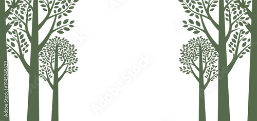 Stylized graphic illustration of a forest scene with green trees and a white background, offering a clean and natural aesthetic