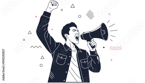 A man holding a megaphone and shouting with his fist raised high
