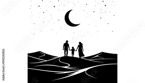 Family silhouette standing on a hill under a crescent moon