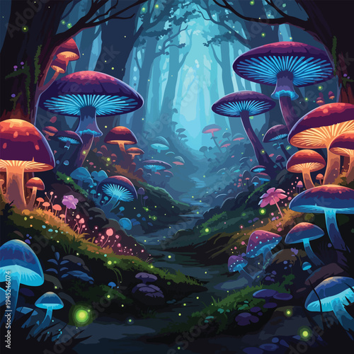 Glowing giant mushrooms illuminate a mystical jungle forest pathway at dusk with vibrant colorful fungi and fireflies.