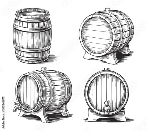 Set of antique wooden barrels in hand drawn line work style.
