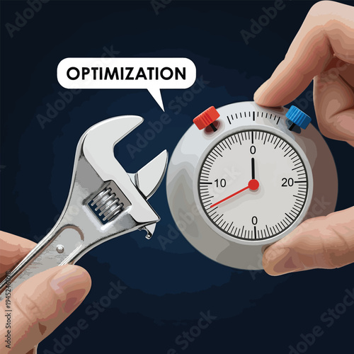 Hands optimizing clock with wrench for efficiency and speed