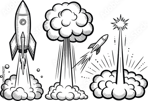 Rocket launch and explosion line art set, hand drawn ink style illustrations featuring missile motion smoke clouds and dramatic comic sketch effects.