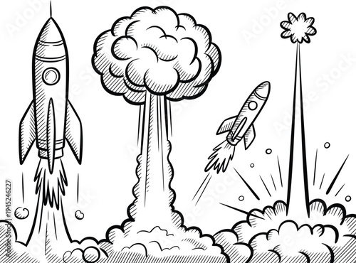 Rocket launch and explosion line art set, dynamic hand drawn comic sketches of missile launch, smoke trails, and dramatic ink explosion for graphic storytelling and design.