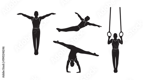 Set of 4 gymnastics icons vector, black silhouettes