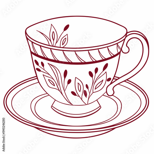 Decorative teacup and saucer line drawing with still life