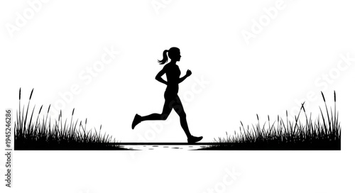 Silhouette of a Woman Running Outdoors in Tall Grass.
