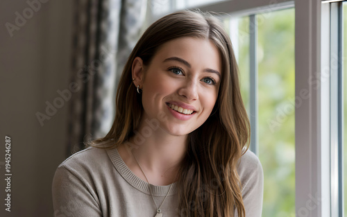Smiling Woman Near Window Free Download Smiling Woman Near Window - GFXLoad