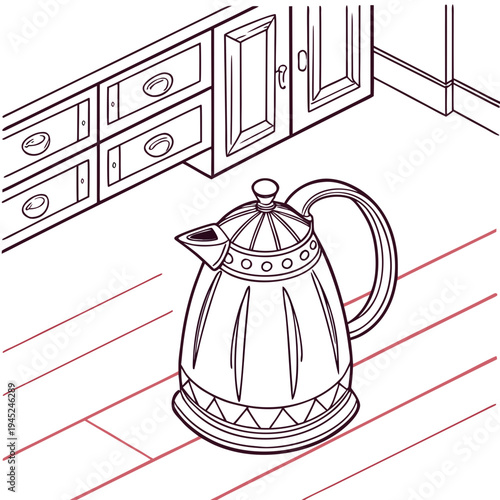 Vintage electric kettle in kitchen line art with still life
