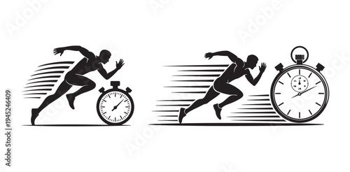 Two athletes sprinting fast past stopwatch icons illustrating speed and timing