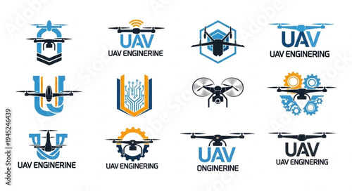 Collection of UAV Engineering Logos Featuring Drones and Technical Elements.