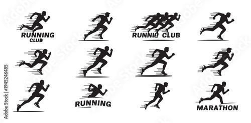 Professional marathon runner logo designs with speed lines and typography for competitive racing art