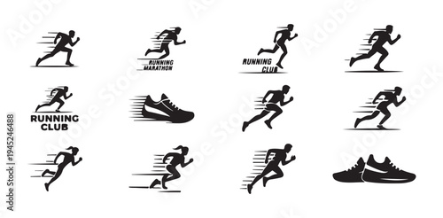 Athletic running shoes and marathon runner icons for sports shop branding and racing event logo set